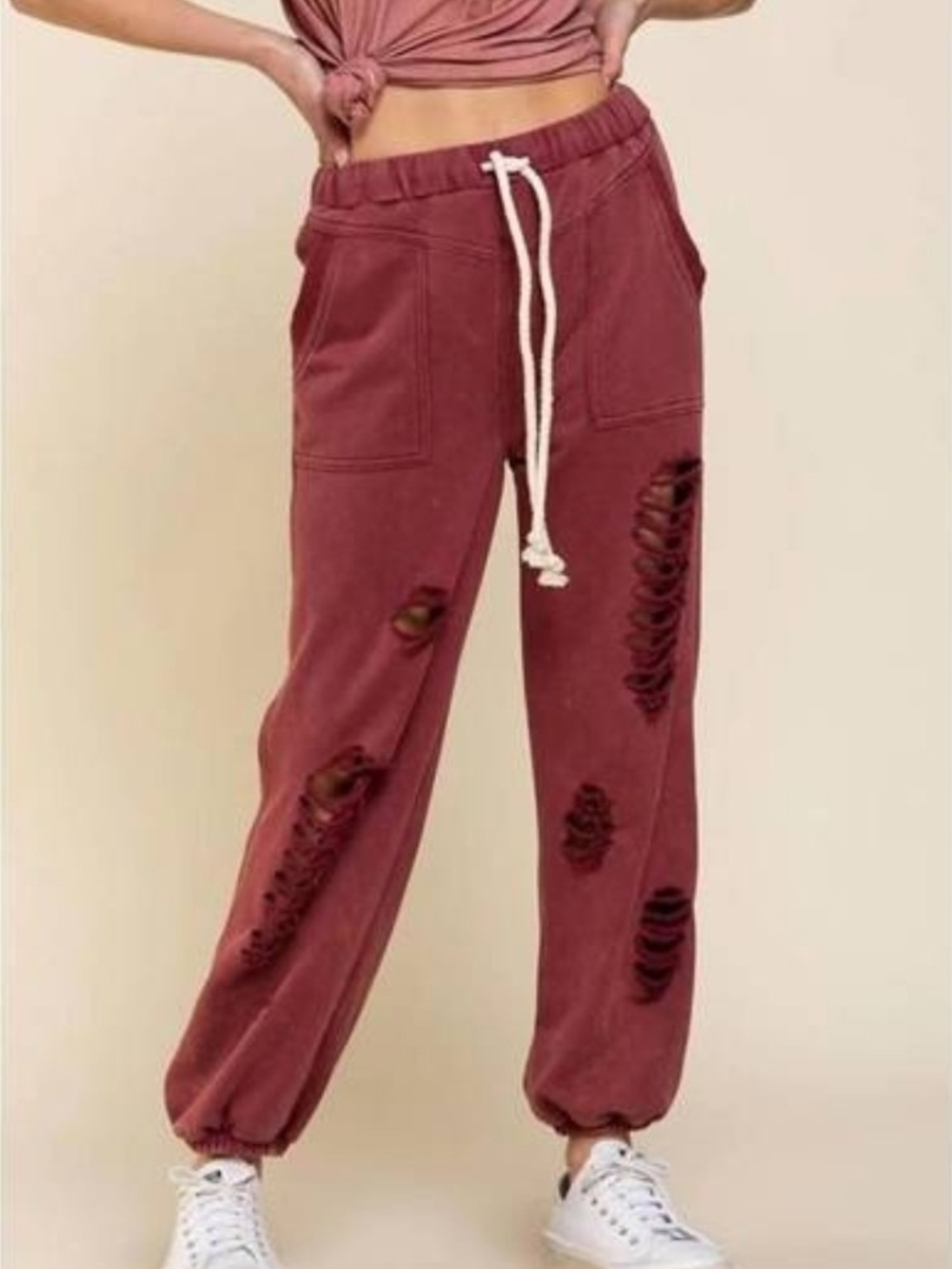 POL Distressed Drawstring Joggers Pockets - Burgundy Wine / Rust Brown - Medium
